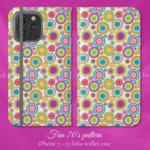 Bunte Kreise Boho Muster, iPhone Flip Hülle, iPhone Modelle 7,8, X, 11,12, SE, 13, 14, 15, ausgefallenes Retro Design