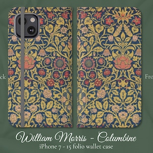 Funda tipo billetera con tapa para iPhone, diseño floral clásico Art Nouveau de William Morris Columbine, modelos de iPhone de Apple 7, 8, X, 11, 12, SE, 13, 14, 15, 16