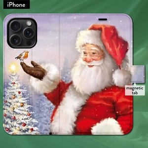 Ilustração de Papai Noel, capa tipo carteira tipo carteira para iPhone com aba magnética, iPhone 7,8,X,11,12,SE,13,14,15,16, presente de Natal