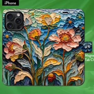 Flores inspiradas em Van Gogh, capa tipo carteira tipo flip para iPhone com aba magnética, iPhone 7,8,X,11,12,SE,13,14,15,16 Arte floral impressionista