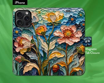 Van Gogh Inspired Flowers, iPhone Flip Folio Wallet Case with Magnetic Tab, iPhone 7,8,X,11,12,SE,13,14,15,16 Impressionist Floral Art