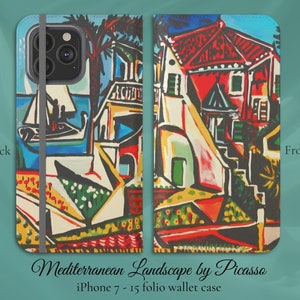 Paisaje mediterráneo de Picasso, iPhone Flip Folio Wallet Case, iPhone 7,8,X,11,12,SE,13,14,15, Bellas obras de arte cubistas modernas clásicas
