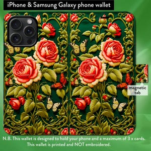 Funda tipo billetera con tapa tipo folio y cierre magnético con rosas de William Morris, efecto bordado de tapiz, para iPhone 7, 8, X, 11, 12, SE, 13, 14, 15 y 16