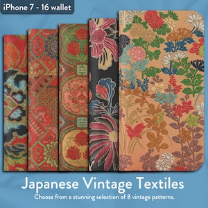 Japanische Textilmuster Kunstsammlung von 8 klassische Designs, iPhone Flip Folio Brieftasche Fall, Apple iPhone Modelle 7,8, X, 11,12, SE, 13, 14, 15