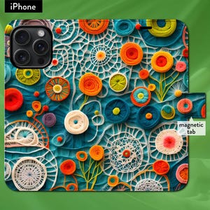 Funda tipo billetera con tapa tipo folio y cierre magnético para iPhone 7, 8, X, 11, 12, SE, 13, 14, 15 y 16 con flores de Klimt, arte de hilo de lana tejido a crochet
