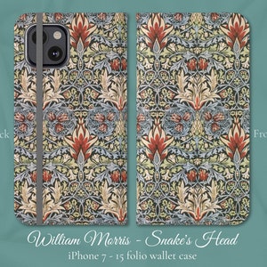 Funda tipo billetera con tapa para iPhone, diseño floral clásico Art Nouveau con cabeza de serpiente de William Morris, modelos de iPhone de Apple 7, 8, X, 11, 12, SE, 13, 14, 15, 16