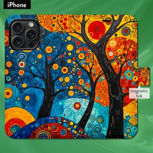 Funda tipo cartera con tapa para iPhone con pestaña magnética, diseño Art Nouveau, con motivos florales y paisajes inspirados en Gustav Klimt, iPhone 8, X, 11, 12, SE, 13, 14, 15, 16