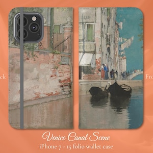 Belas artes clássicas, capa tipo carteira flip para iPhone, modelos de iPhone 7,8,X,11,12,SE,13,14,15, vista do canal de Veneza em aquarela, pintura famosa