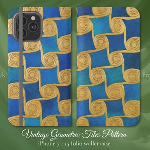 Patrón geométrico egipcio antiguo, funda de billetera iPhone Flip Folio, iPhone 7,8,X,11,12,SE,13,14,15 Patrón clásico del Met de Nueva York
