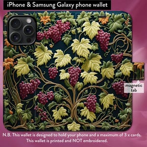 Funda tipo billetera con tapa tipo folio y cierre magnético con diseño de vides y efecto bordado de tapiz de William Morris para iPhone 7, 8, X, 11, 12, SE, 13, 14, 15 y 16