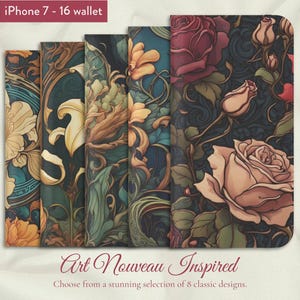 Selección de 8 diseños florales clásicos en estilo Art Nouveau, funda tipo billetera con tapa para iPhone, iPhone 7,8,X,11,12,SE,13,14,15,16 Flowers, Mucha