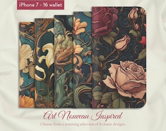 Art Nouveau Style selection of 8 classic floral designs, iPhone Flip Folio Wallet Case, iPhone 7,8,X,11,12,SE,13,14,15,16 Flowers, Mucha