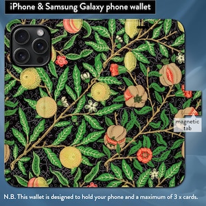 William Morris Pomegranate Classic Art Nouveau, iPhone 7,8,X,11,12,SE,13,14,15,16 Capa tipo carteira Flip Folio com fecho magnético