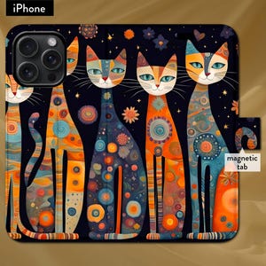 Gatos fofos, arte abstrata colorida para amantes de gatos, iPhone 7,8,X,11,12,SE,13,14,15,16 iPhone Flip Folio Wallet Case com fecho de aba magnética