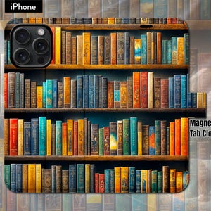 Librería colorida con libros para amantes de la lectura. Funda tipo cartera con tapa tipo folio y cierre magnético para iPhone 7, 8, X, 11, 12, SE, 13, 14, 15 y 16.