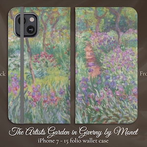 モネによるアーティストガーデンの花の印象派アート、iPhone フリップフォリオウォレットケース、iPhone モデル 7、8、X、11、12、SE、13、14、15 アート愛好家へのギフト