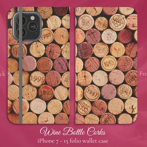 Ilustración de corchos de botella de vino, funda de cartera Flip Folio para iPhone, modelos de iPhone 7,8,X,11,12,SE,13,14,15, comida y bebida brillante y divertida para amantes del vino