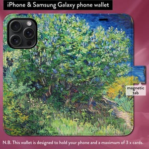 Arbusto de lilas de Van Gogh, arte posimpresionista, funda tipo cartera con tapa y cierre magnético para iPhone 7, 8, X, 11, 12, SE, 13, 14, 15 y 16.