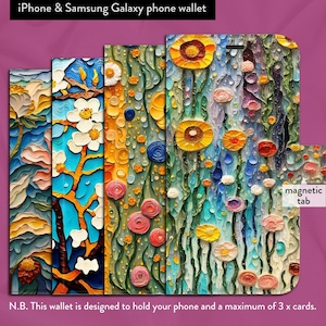 Funda tipo cartera con tapa tipo libro y cierre magnético para iPhone 7, 8, X, 11, 12, SE, 13, 14, 15 y 16, con pinturas al óleo empastadas inspiradas en Klimt y Van Gogh.