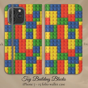 Colored Toy Building Bricks Illustration, iPhone Flip Folio Wallet Case, iPhone Models 7,8,X,11,12,SE,13,14,15 Bright Fun Vibrant Blocks