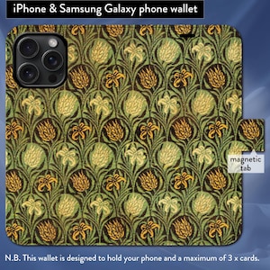 Funda tipo billetera con tapa tipo libro y cierre magnético con diseño clásico Art Nouveau de tulipanes y lirios de William Morris para iPhone 7, 8, X, 11, 12, SE, 13, 14, 15 y 16