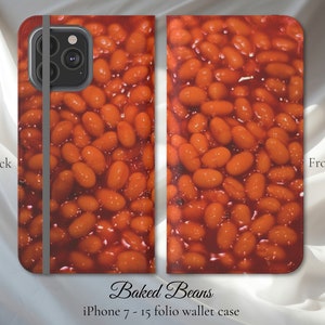 Illustrazione di fagioli al forno, custodia a portafoglio Flip Folio per iPhone, modelli iPhone 7,8,X,11,12,SE,13,14,15, amante del cibo divertente divertente