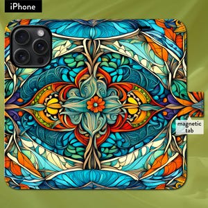 Funda tipo cartera con tapa tipo folio y cierre magnético para iPhone 7, 8, X, 11, 12, SE, 13, 14, 15 y 16 con vidrieras de Klimt en estilo Art Nouveau Zentangle.