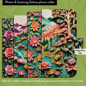 Funda tipo cartera con diseño de paisajes y flores en estilo kirigami japonés para iPhone 7, 8, X, 11, 12, SE, 13, 14, 15 y 16 con cierre magnético.