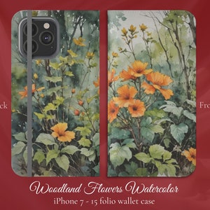 Flores del bosque floral acuarela bellas artes, iPhone Flip Folio Wallet Case, iPhone 7,8,X,11,12,SE,13,14,15, amapolas de regalo amante de la naturaleza