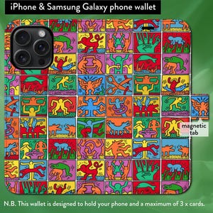 Keith Haring, montaje de arte de grafiti pop, iPhone 7,8,X,11,12,SE,13,14,15,16 Funda tipo billetera Samsung Galaxy Flip Folio con cierre de pestaña magnética