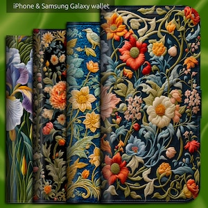 Embroidery Effect x 7 Floral William Morris Style, iPhone 7,8, X, 11, 12, SE, 13, 14, 15, 16, 17 Flip Folio Wallet Case mit magnetischem Tab Closure