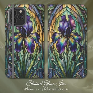 Iris de vidriera art nouveau, Funda tipo cartera con tapa tipo libro para iPhone, iPhone 7,8,X,11,12,SE,13,14,15, Regalo para amantes del jardín natural botánico floral