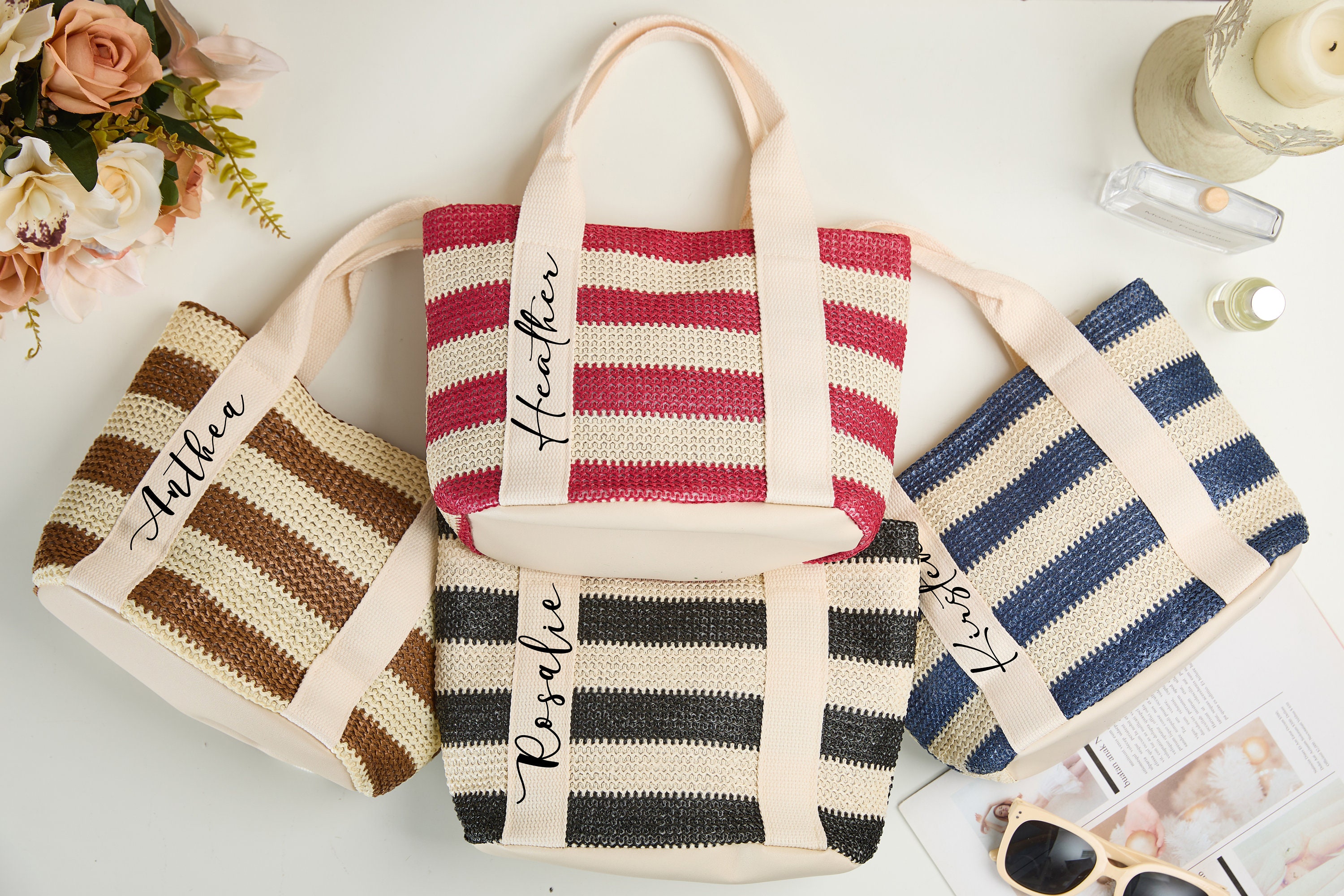 Custom Straw Beach Bagpersonalized Bridesmaid Straw Bagbeach Etsy