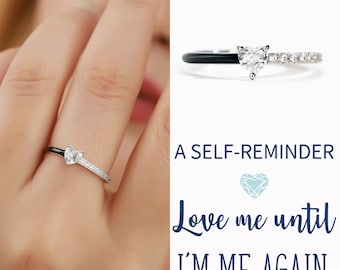 Anillo de plata de ley con esmalte en forma de corazón, "Ámame hasta que vuelva a ser yo", anillo inspirador, anillo de auto-recordatorio, joyería de boda, regalo de cumpleaños
