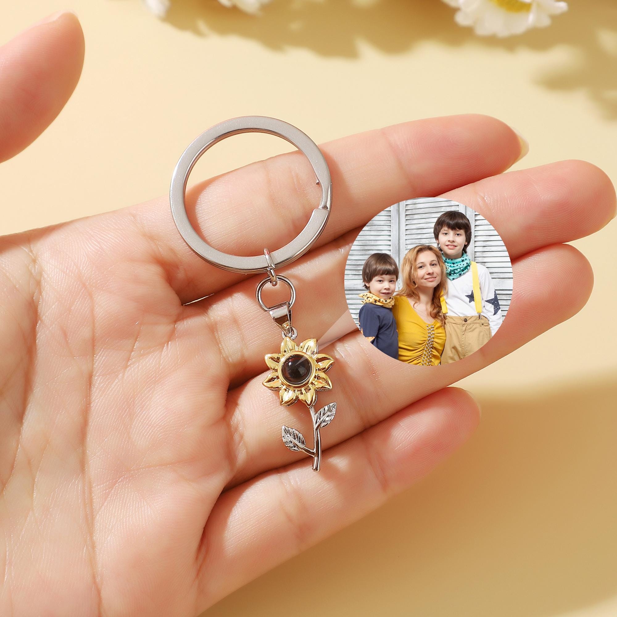 Porte-clés personnalisé en pierre de projection de photos, porte-clés tournesol avec photo, porte-clés pierre de naissance, cadeaux fille, cadeau maman, cadeau pour elle