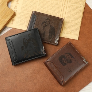 Cartera de cuero personalizada para hombre, con foto, texto y calendario, para papá, para esposo, regalo para papá primerizo, regalo para el Día del Padre.