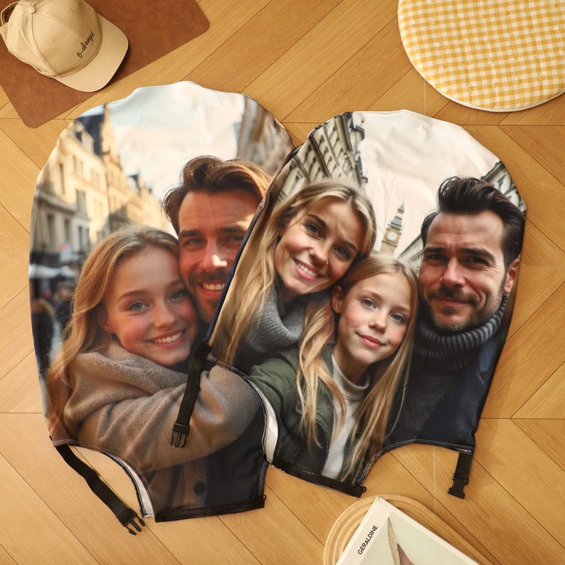 May include: Two white pillowcases with a photo of a family of four printed on them. The photo shows a man, a woman, and two young girls. The family is smiling and appears to be on vacation. The pillowcases are made of a soft, comfortable fabric and are perfect for adding a personal touch to your home.