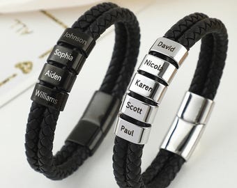 Bracelet pour homme personnalisé, bracelet prénom gravé, bracelet en cuir pour homme avec 1 à 10 noms de famille, cadeau papa, cadeau mari, cadeau de Noël pour papa