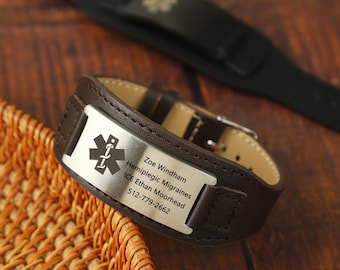 Customized ID Leather Medical Bracelet,Personalized Medical Alert Bracelet,Adjustable ID Bracelet,Engraved Patient ID First Aid Bracelet