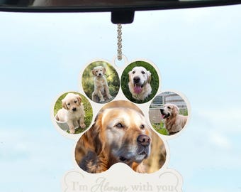 May include: White paw print shaped car charm with a bone at the bottom. The charm has five photo slots with pictures of golden retriever dogs. The text "I'm Always with You" is printed on the bone.