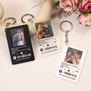 May include: Three keyrings with personalised photo keychains. One is black, two are clear or white. Each features a photo, song title "Never Gonna Let You Down", artist, and "Love you forever XOXO" text. The keyrings are attached to silver keyrings.
