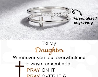 Anello "To My Daughter", anello con doppia croce in argento S925, gioiello regalo fatto a mano, anello con croce cristiana, regalo per lei, regalo di compleanno, anello per la famiglia della mamma