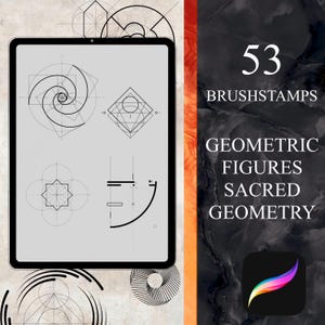 Könnte beinhalten: Ein digitaler Tablet-Bildschirm zeigt 53 geometrische Figuren, darunter eine Spirale, einen Diamanten, einen Stern und einen Halbmond. Der Text "53 BRUSHSTAMPS GEOMETRIC FIGURES SACRED GEOMETRY" wird auf der rechten Seite des Bildes angezeigt.