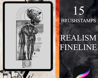 Puede incluir: Una ilustración digital de un hombre con casco con la palabra "brave" en la pantalla de una tableta. La tableta está rodeada de un fondo de mármol blanco y negro. El texto "15 BRUSHSTAMPS REALISM FINELINE" se muestra en el lado derecho de la imagen. Un icono de la aplicación Procreate está en la esquina inferior derecha.