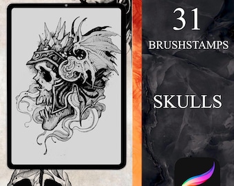 May include: A digital illustration of a skull with wings and a helmet. The image is displayed on a tablet screen. The text "31 BRUSHSTAMPS SKULLS" is displayed on a dark background.