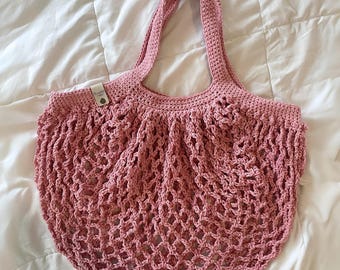 Rose Pink Market Tote Bag | Handmade Crochet Mesh Bag for Markets, Shopping, Festivals, Essentials, and Purse Bag | 100% US-Grown Cotton