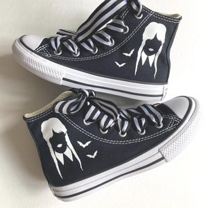 Black Gothic Halloween Custom Converse, Spooky Girl and Bat Sneakers, Black and White stripe laces