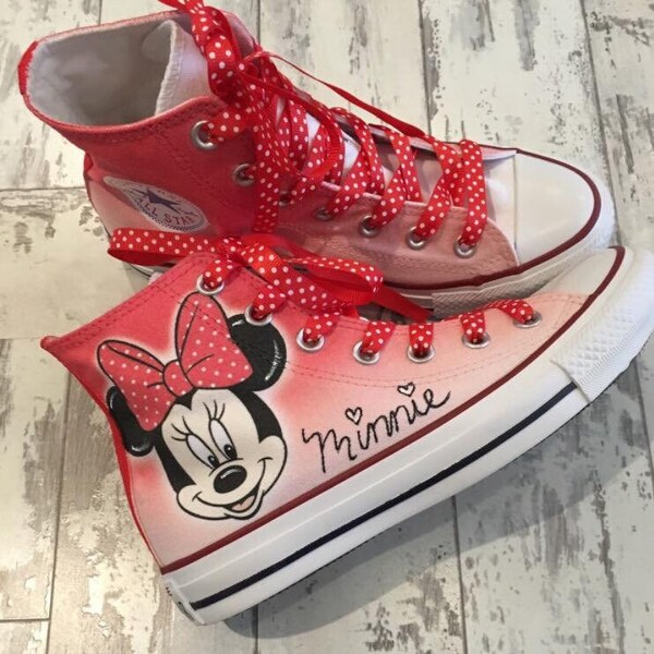 Minnie Mouse Converse High Tops, zapatos rojos de Minnie Mouse con cordones de lunares