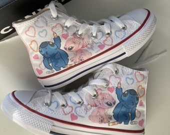 Stitch Converse High Tops, Stich and Angel Shoes, Stitch with crayons Sneakers