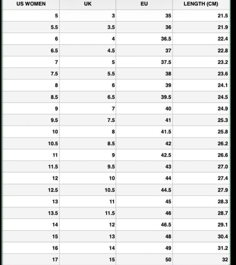 CONVERSE SIZE CHART US TO UK AND EU